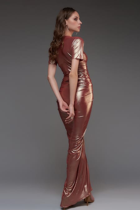 Shop_Cham Cham_Red Polyester V-neck Metallic Ruched Gown _at_Aza_Fashions