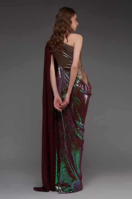 Shop_Cham Cham_Brown Georgette Sequins, Metallic Thread One Shoulder Draped Gown _at_Aza_Fashions