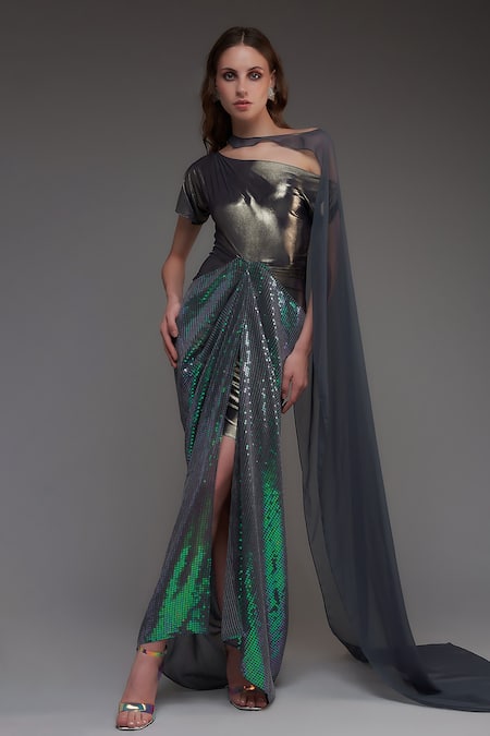 Cham Cham Sequined Draped Metallic Gown With Cape 