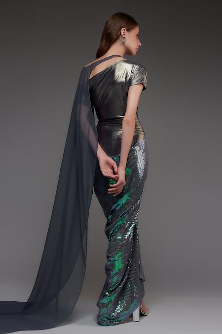 Cham Cham Sequined Draped Metallic Gown With Cape 