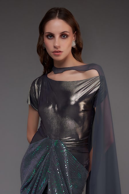 Cham Cham_Grey Georgette Sequins One Shoulder Draped Metallic Gown With Cape _Online_at_Aza_Fashions