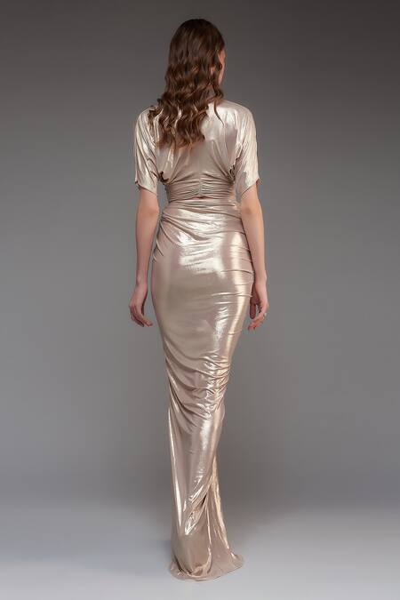 Shop Cham Cham Gold Polyester V-neck Metallic Ruched Skirt With Top at Aza Fashions Shop_Cham Cham_Gold Polyester V-neck Metallic Ruched Skirt With Top _at_Aza_Fashions