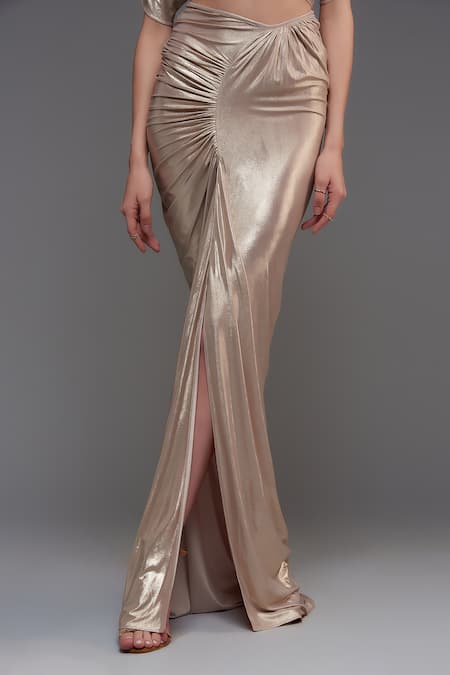 Buy Cham Cham Gold Polyester V-neck Metallic Ruched Skirt With Top Online at Aza Fashions Buy_Cham Cham_Gold Polyester V-neck Metallic Ruched Skirt With Top _Online_at_Aza_Fashions