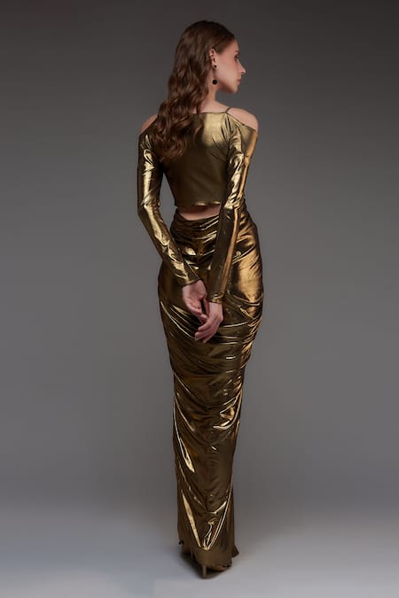 Shop Cham Cham Gold Kota Doria V-neck Side Cut Out Metallic Gown at Aza Fashions Shop_Cham Cham_Gold Kota Doria V-neck Side Cut Out Metallic Gown _at_Aza_Fashions