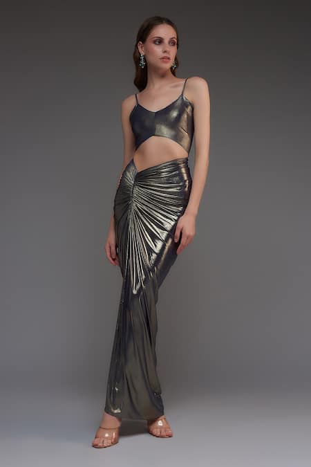 Cham Cham_Grey Georgette Sequins V-neck Draped Metallic Skirt Set _Online_at_Aza_Fashions