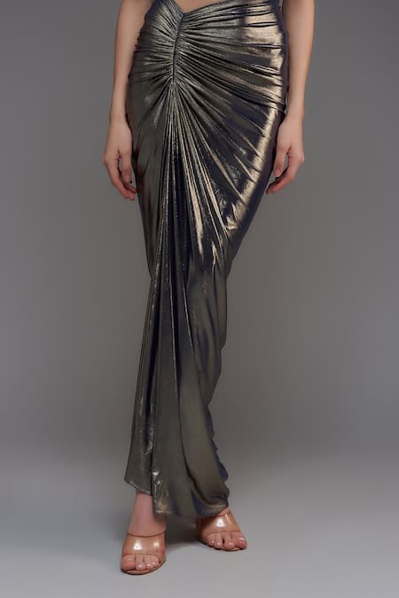 Buy_Cham Cham_Grey Georgette Sequins V-neck Draped Metallic Skirt Set _Online_at_Aza_Fashions