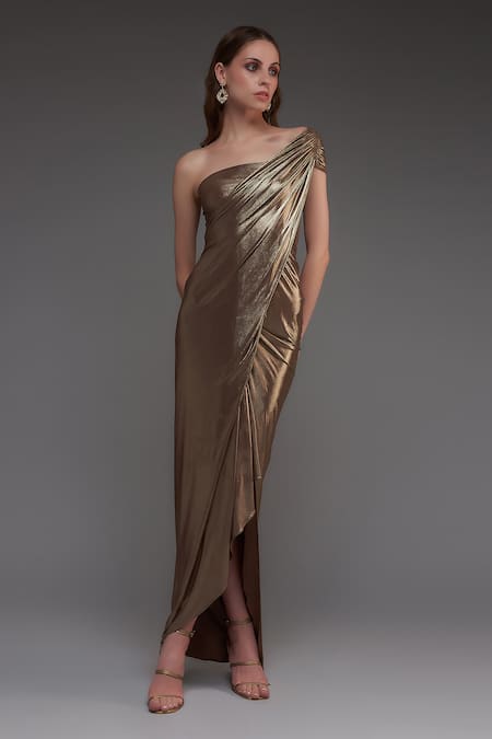 Cham Cham Brown Stretch Knit Foil Solid Metallic One Shoulder Draped Gown 