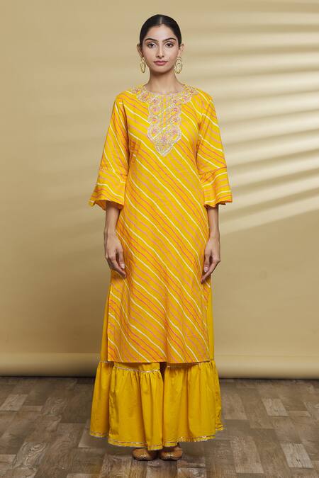 Samyukta Singhania Yellow , Polyester, Chiffon, Printed Striped Kurta With Gharara Set Online at Aza Fashions Samyukta Singhania_Yellow , Polyester, Chiffon, Printed Striped Kurta With Gharara Set_Online_at_Aza_Fashions