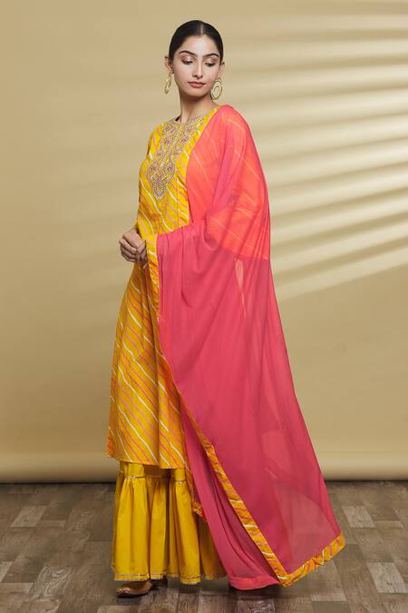 Buy Samyukta Singhania Yellow , Polyester, Chiffon, Printed Striped Kurta With Gharara Set Online at Aza Fashions Buy_Samyukta Singhania_Yellow , Polyester, Chiffon, Printed Striped Kurta With Gharara Set_Online_at_Aza_Fashions