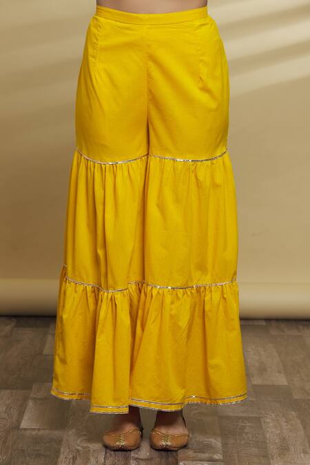 Samyukta Singhania Yellow , Polyester, Chiffon, Printed Striped Kurta With Gharara Set at Aza Fashions Samyukta Singhania_Yellow , Polyester, Chiffon, Printed Striped Kurta With Gharara Set_at_Aza_Fashions
