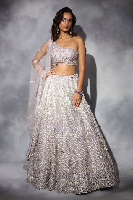 Swati Narula_Purple Organza, Net Crystals, Piping, Azra Hand Embroidered Blouse Lehenga Set _Online_at_Aza_Fashions