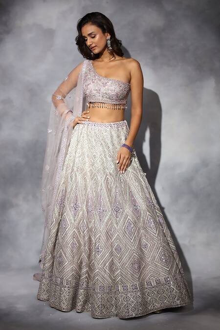 Buy_Swati Narula_Purple Organza, Net Crystals, Piping, Azra Hand Embroidered Blouse Lehenga Set _Online_at_Aza_Fashions