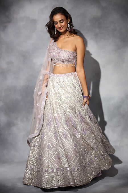 Shop_Swati Narula_Purple Organza, Net Crystals, Piping, Azra Hand Embroidered Blouse Lehenga Set _Online_at_Aza_Fashions