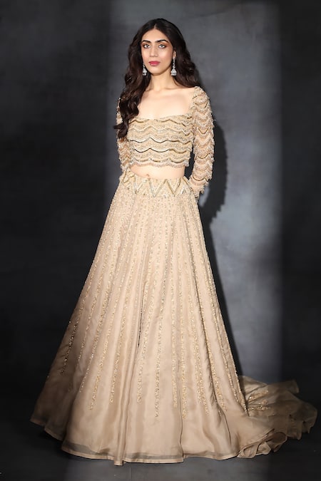 Swati Narula_Gold Organza Sequins, Crystals, Piping Square Hand Embroidered Top And Lehenga Set _Online_at_Aza_Fashions