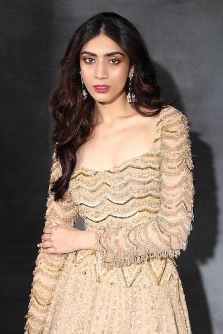 Shop_Swati Narula_Gold Organza Sequins, Crystals, Piping Square Hand Embroidered Top And Lehenga Set _Online_at_Aza_Fashions