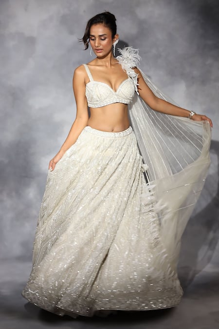 Swati Narula_Ivory Organza, Net Sequins, Pearls, Cut Work, Hand Blouse And Lehenga Set _Online_at_Aza_Fashions