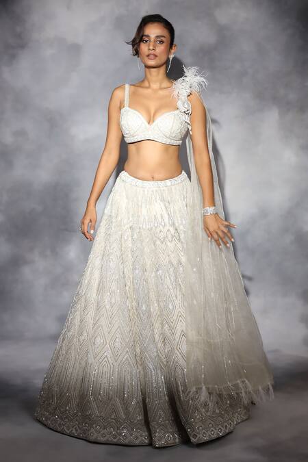 Buy_Swati Narula_Ivory Organza, Net Sequins, Pearls, Cut Work, Hand Blouse And Lehenga Set _Online_at_Aza_Fashions