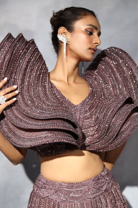Shop_Swati Narula_Purple Organza Crystals, Izaarish Embroidered Crop Top And Trail Lehenga Set _Online_at_Aza_Fashions