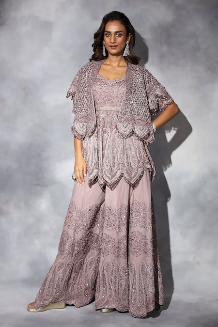Swati Narula_Purple Net Diamonds, Embroidery, Sequins, Noori Hand Jacket Sharara Set _Online_at_Aza_Fashions