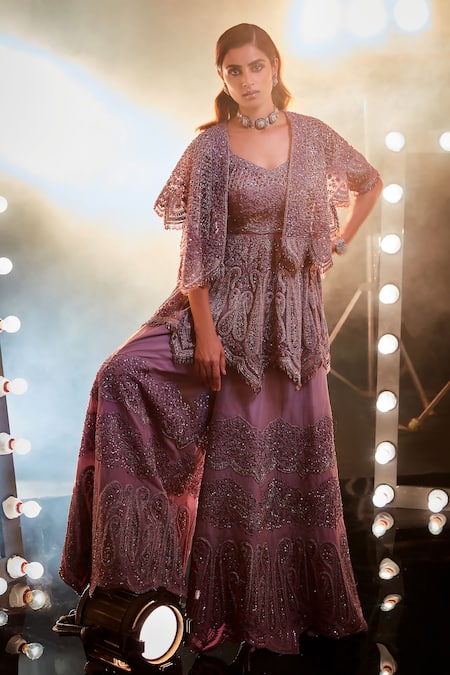 Buy_Swati Narula_Purple Net Diamonds, Embroidery, Sequins, Noori Hand Jacket Sharara Set 