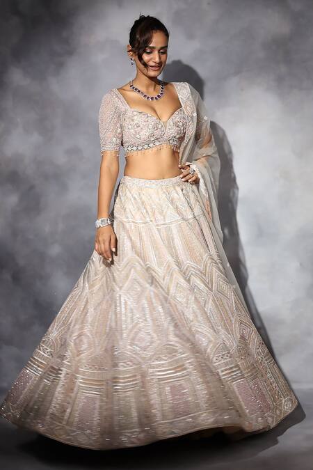 Buy_Swati Narula_Beige Organza, Net Pearls, Piping, Embroidery, Sequins, Hand Bridal Lehenga Set _Online_at_Aza_Fashions