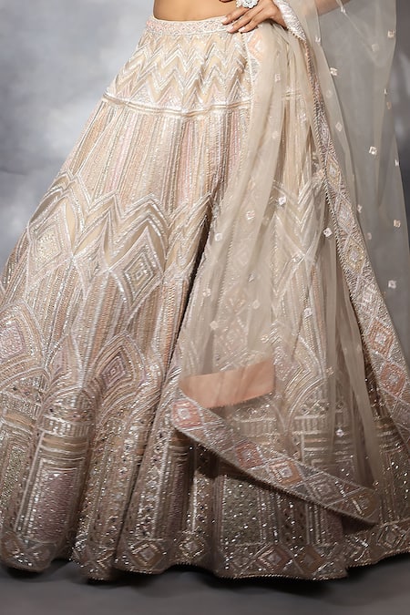 Swati Narula_Beige Organza, Net Pearls, Piping, Embroidery, Sequins, Hand Bridal Lehenga Set _at_Aza_Fashions