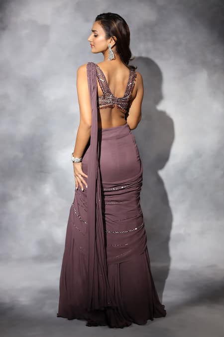 Buy_Swati Narula_Purple Georgette Sequins, Crystals, Qainaat Pre-draped Lehenga Saree With Blouse _Online_at_Aza_Fashions