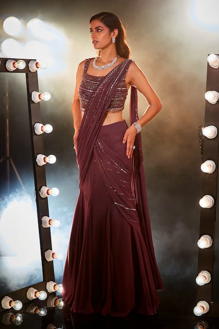 Swati Narula_Purple Georgette Sequins, Crystals, Qainaat Pre-draped Lehenga Saree With Blouse _at_Aza_Fashions
