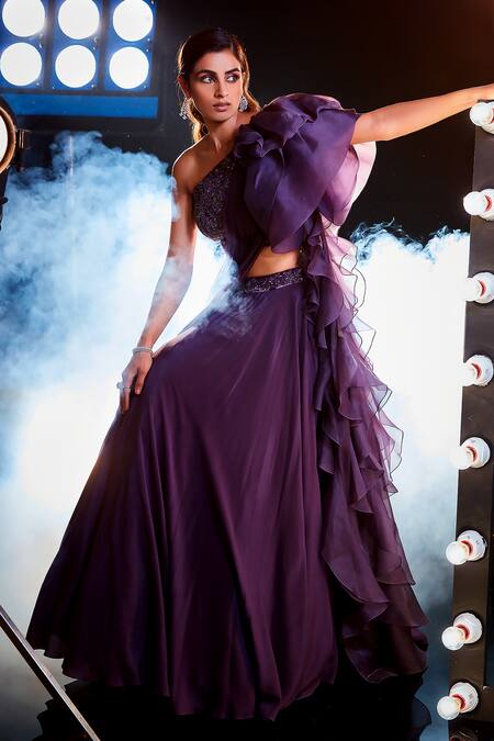 Swati Narula Purple Velvet, Crepe, Chiffon Ranjish Pre-draped Lehenga Saree With Blouse Online at Aza Fashions Swati Narula_Purple Velvet, Crepe, Chiffon Ranjish Pre-draped Lehenga Saree With Blouse _Online_at_Aza_Fashions