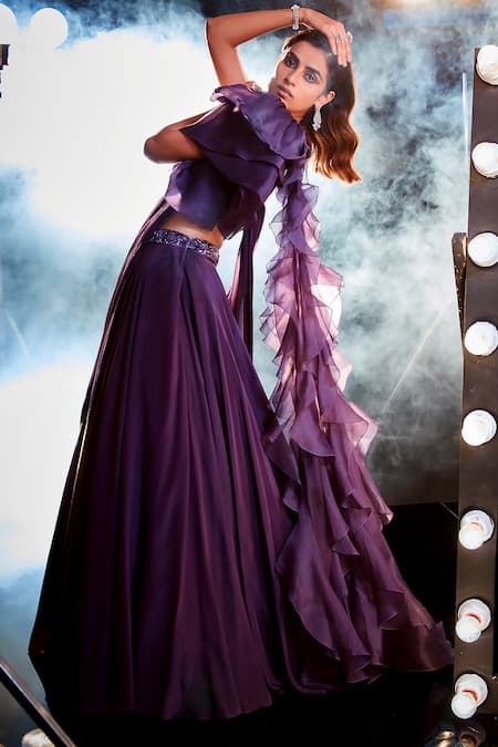Shop Swati Narula Purple Velvet, Crepe, Chiffon Ranjish Pre-draped Lehenga Saree With Blouse Online at Aza Fashions Shop_Swati Narula_Purple Velvet, Crepe, Chiffon Ranjish Pre-draped Lehenga Saree With Blouse _Online_at_Aza_Fashions