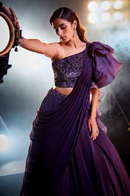 Swati Narula Purple Velvet, Crepe, Chiffon Ranjish Pre-draped Lehenga Saree With Blouse at Aza Fashions Swati Narula_Purple Velvet, Crepe, Chiffon Ranjish Pre-draped Lehenga Saree With Blouse _at_Aza_Fashions