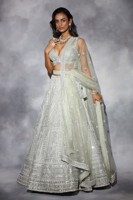 Swati Narula_Green Organza, Net Gota Patti, Hand Embroidered Blouse Bridal Lehenga Set _Online_at_Aza_Fashions