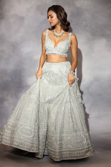 Shop_Swati Narula_Green Organza, Net Gota Patti, Hand Embroidered Blouse Bridal Lehenga Set _Online_at_Aza_Fashions