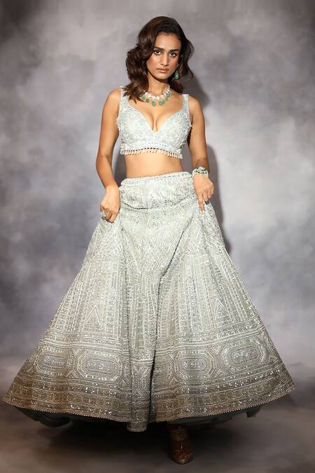 Swati Narula_Green Organza, Net Gota Patti, Hand Embroidered Blouse Bridal Lehenga Set _at_Aza_Fashions
