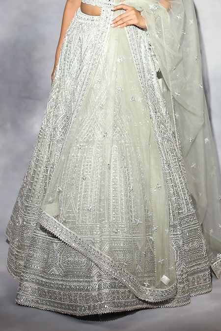 Buy_Swati Narula_Green Organza, Net Gota Patti, Hand Embroidered Blouse Bridal Lehenga Set 