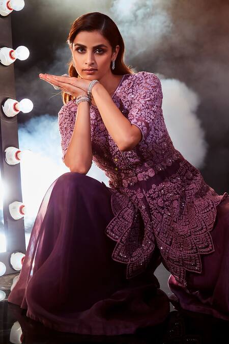 Swati Narula_Purple Net, Organza Sequins, Diamonds Hand Embroidered Peplum And Pant Set _Online_at_Aza_Fashions