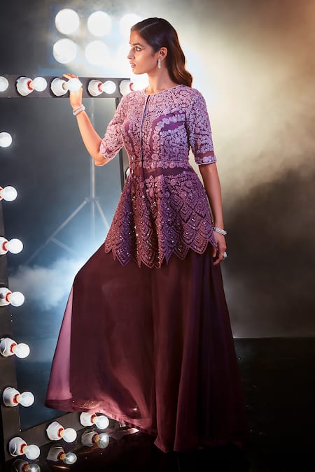 Shop_Swati Narula_Purple Net, Organza Sequins, Diamonds Hand Embroidered Peplum And Pant Set _Online_at_Aza_Fashions