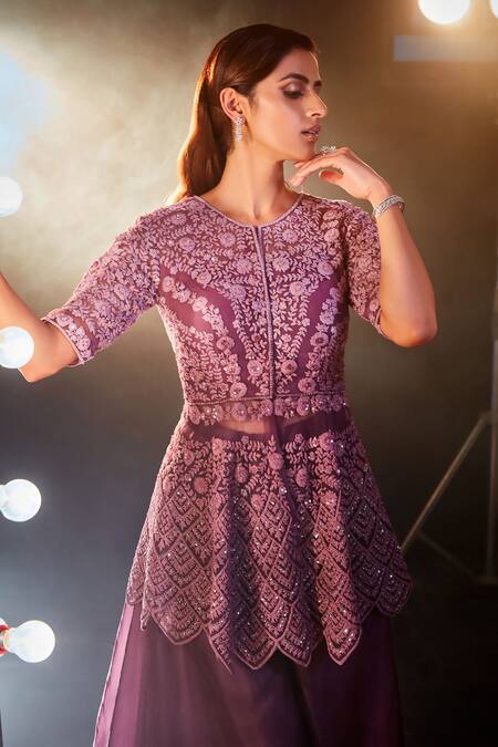Buy_Swati Narula_Purple Net, Organza Sequins, Diamonds Hand Embroidered Peplum And Pant Set 