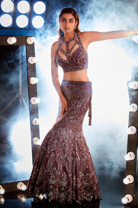 Buy_Swati Narula_Purple Organza Crystals, Cut Work Seher Hand Embroidered Blouse Lehenga Set _Online_at_Aza_Fashions