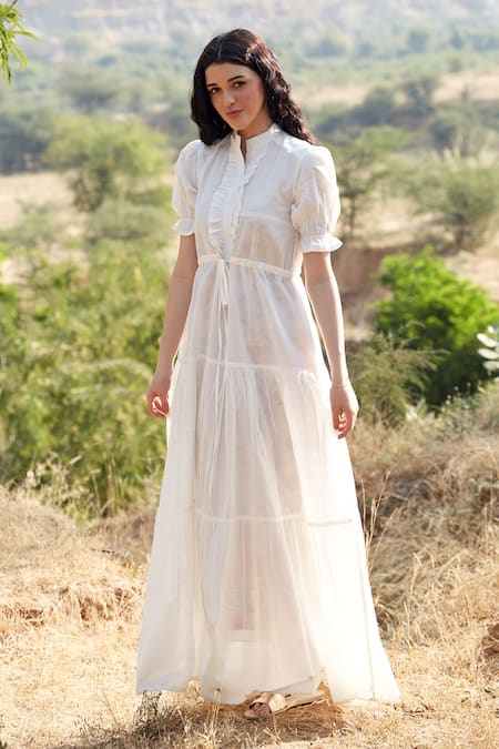 Palak Khandelwal White Cotton Bandeau Neck Tiered Dress 