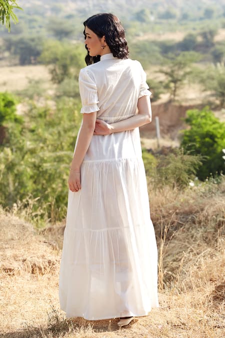 Shop Palak Khandelwal White Cotton Bandeau Neck Tiered Dress at Aza Fashions Shop_Palak Khandelwal_White Cotton Bandeau Neck Tiered Dress _at_Aza_Fashions
