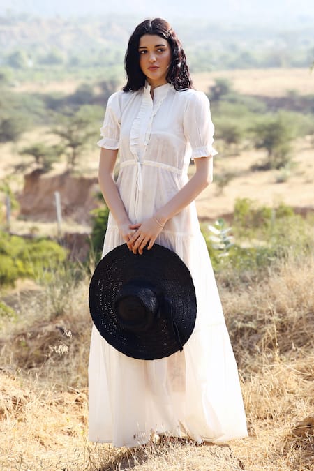 Shop Palak Khandelwal White Cotton Bandeau Neck Tiered Dress Online at Aza Fashions Shop_Palak Khandelwal_White Cotton Bandeau Neck Tiered Dress _Online_at_Aza_Fashions