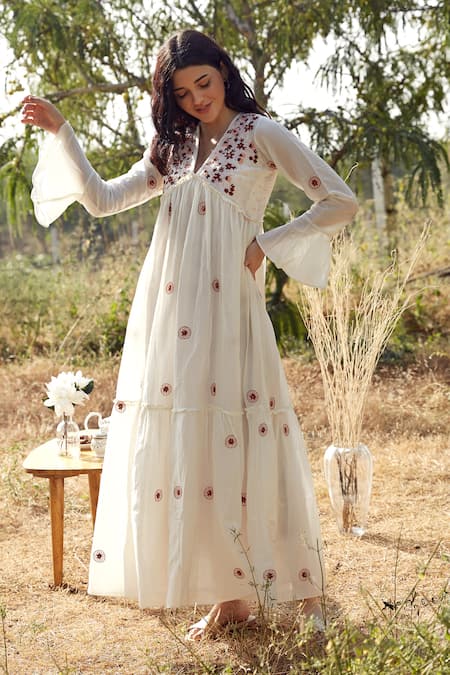 Palak Khandelwal Ivory Cotton, Silk Embroidery V-neck Floral Dress 