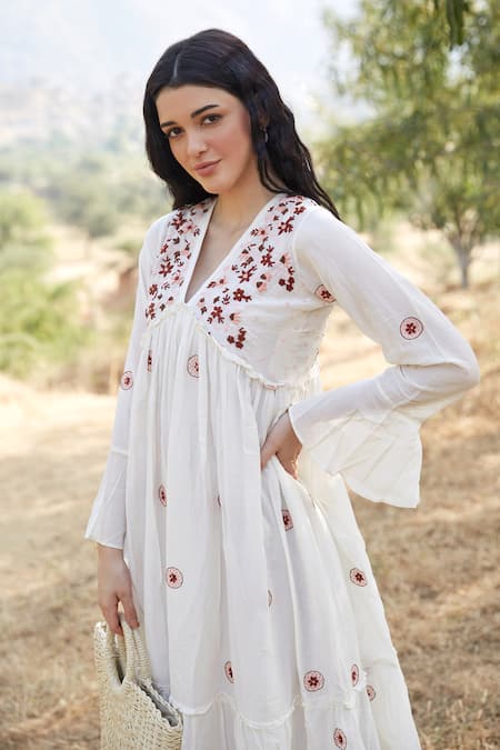 Buy_Palak Khandelwal_Ivory Cotton, Silk Embroidery V-neck Floral Dress _Online_at_Aza_Fashions