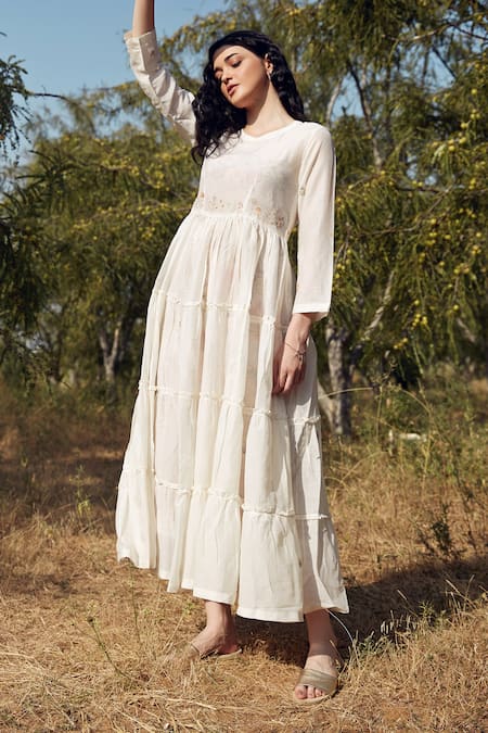 Palak Khandelwal Ivory Cotton, Silk Embroidery Round Neck Tiered Dress 