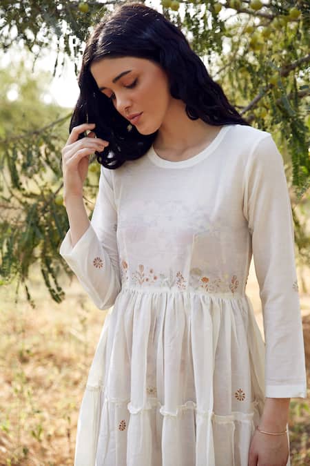 Shop Palak Khandelwal Ivory Cotton, Silk Embroidery Round Neck Tiered Dress at Aza Fashions Shop_Palak Khandelwal_Ivory Cotton, Silk Embroidery Round Neck Tiered Dress _at_Aza_Fashions