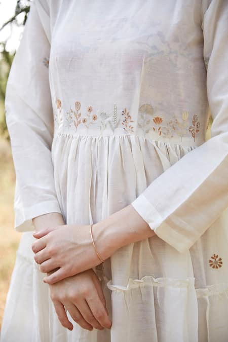 Buy Palak Khandelwal Ivory Cotton, Silk Embroidery Round Neck Tiered Dress Online at Aza Fashions Buy_Palak Khandelwal_Ivory Cotton, Silk Embroidery Round Neck Tiered Dress _Online_at_Aza_Fashions