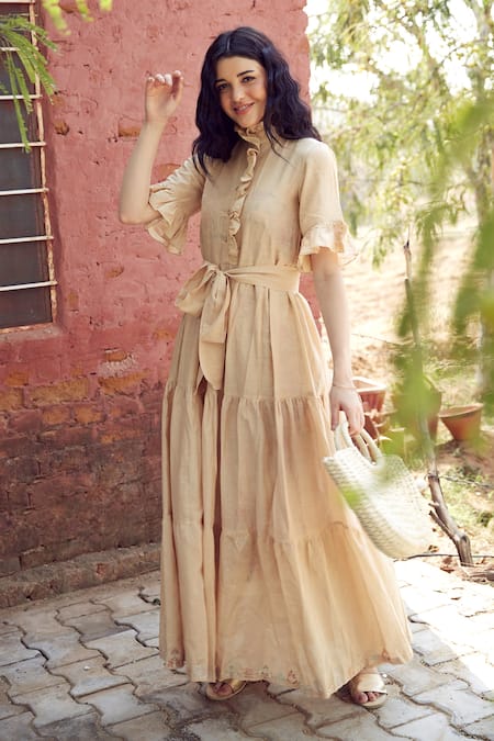 Palak Khandelwal Beige Cotton, Silk Ruffles Round Neck Tiered Floral Embroidered Dress 