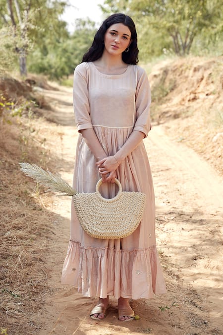 Palak Khandelwal Pink Cotton, Silk Embroidery Round Neck Tiered Floral Dress 