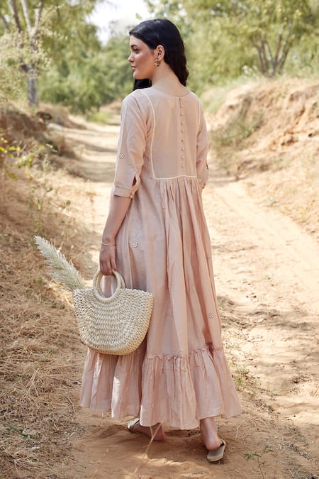 Shop Palak Khandelwal Pink Cotton, Silk Embroidery Round Neck Tiered Floral Dress at Aza Fashions Shop_Palak Khandelwal_Pink Cotton, Silk Embroidery Round Neck Tiered Floral Dress _at_Aza_Fashions